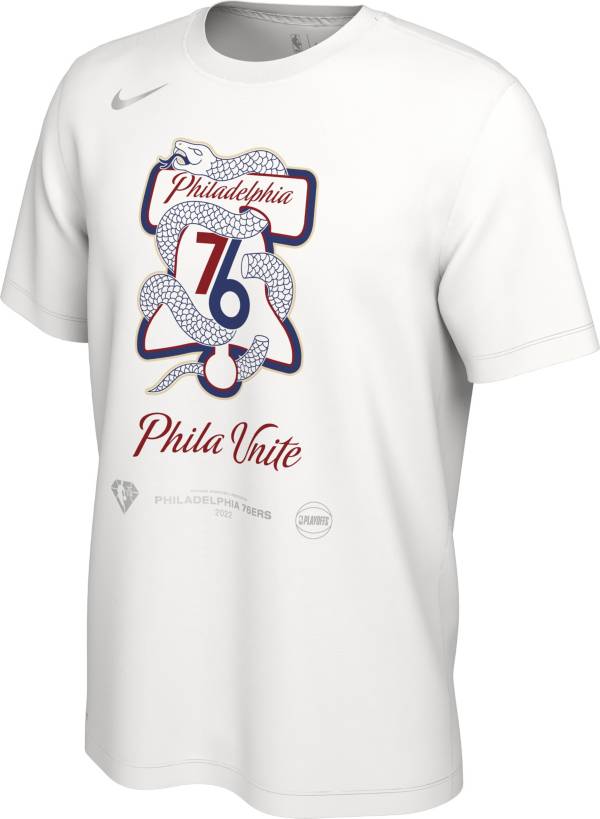 Nike Men's Philadelphia 76ers “Phila Unite” White 2022 NBA Playoffs Mantra T-Shirt