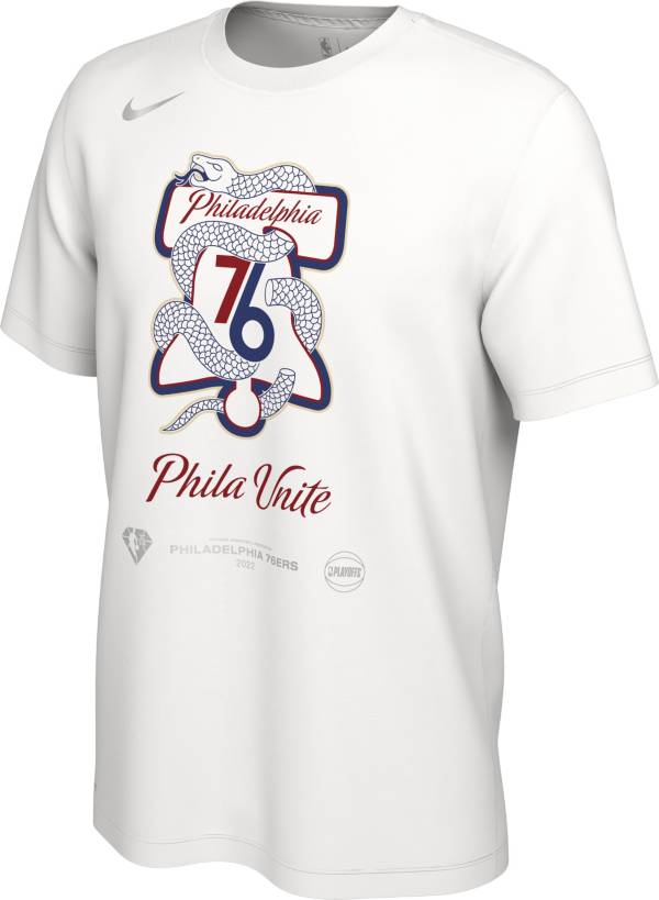 Nike Men's Philadelphia 76ers “Phila Unite” White 2022 NBA Playoffs Mantra T-Shirt product image