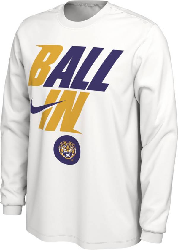 Nike Men's LSU Tigers White 2022 Basketball BALL IN Bench Long Sleeve T-Shirt