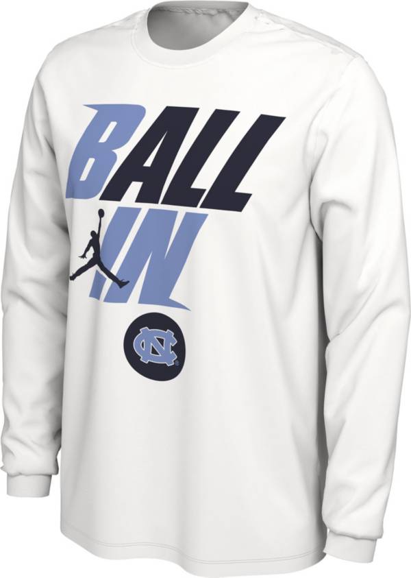 Jordan Men's North Carolina Tar Heels White 2022 Basketball BALL IN Bench Long Sleeve T-Shirt