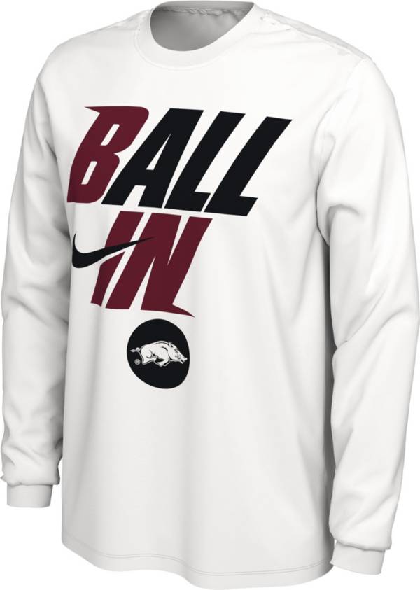 Nike Men's Arkansas Razorbacks White 2022 Basketball BALL IN Bench Long Sleeve T-Shirt