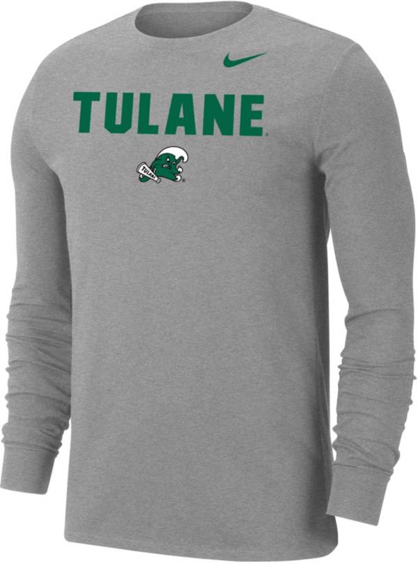 Nike Men’s Tulane Green Wave Grey Dri-FIT Cotton Long Sleeve T-Shirt