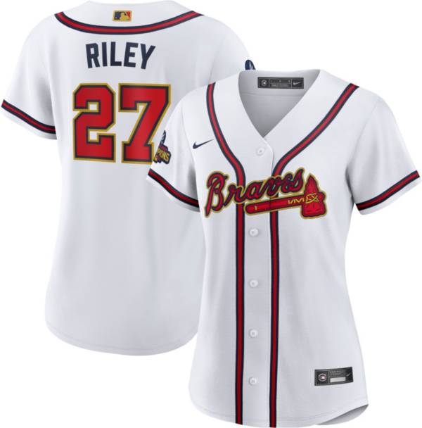 Nike Women's Atlanta Braves Austin Riley #27 2022 Gold Collection White Cool Base Jersey