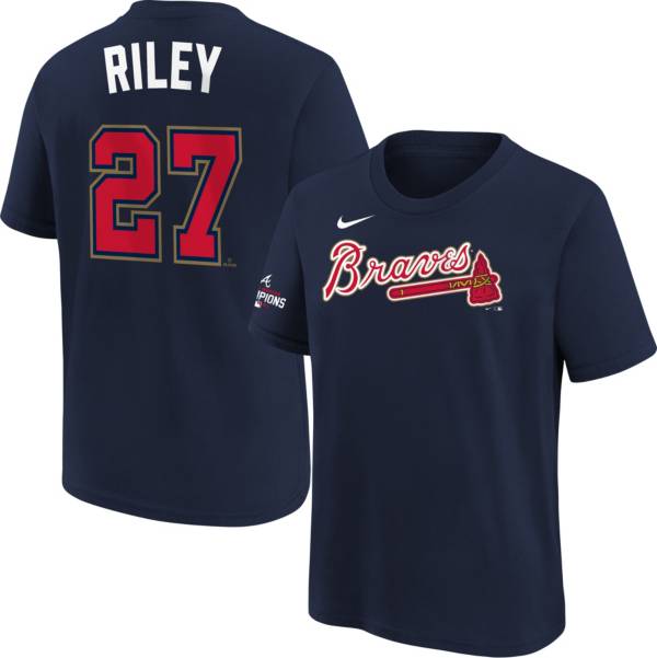 Nike Youth Atlanta Braves Austin Riley #27 2022 Gold Collection Navy Logo T-Shirt