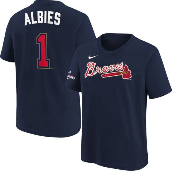 Nike Youth Atlanta Braves Ozzie Albies #1 2022 Gold Collection Navy Logo T-Shirt