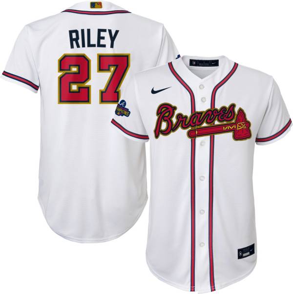 Nike Youth Atlanta Braves Austin Riley #27 2022 Gold Collection White Side Patch Cool Base Jersey