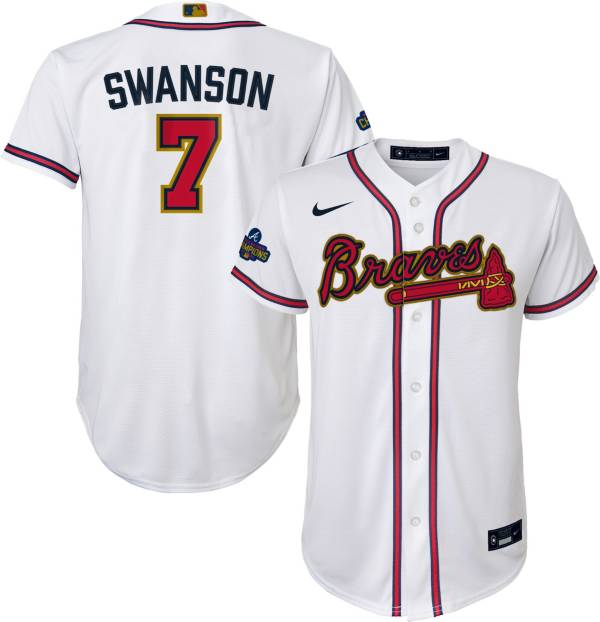 Nike Youth Atlanta Braves Dansby Swanson #7 2022 Gold Collection White Side Patch Cool Base Jersey