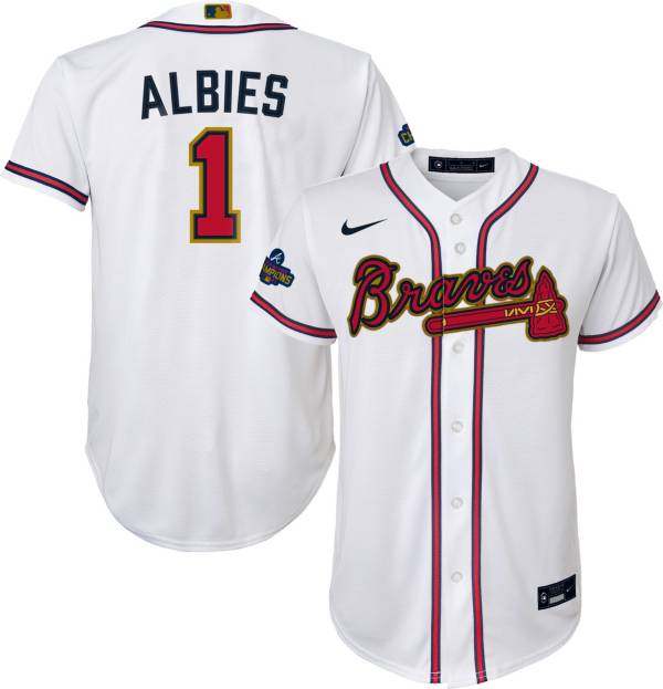 Nike Youth Atlanta Braves Ozzie Albies #1 2022 Gold Collection White Side Patch Cool Base Jersey
