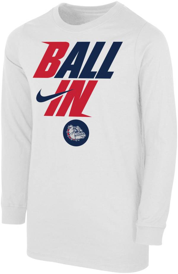 Nike Youth Gonzaga Bulldogs White 2022 Basketball BALL IN Bench Long Sleeve T-Shirt