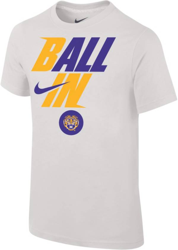 Nike Youth LSU Tigers White 2022 Basketball BALL IN Bench T-Shirt