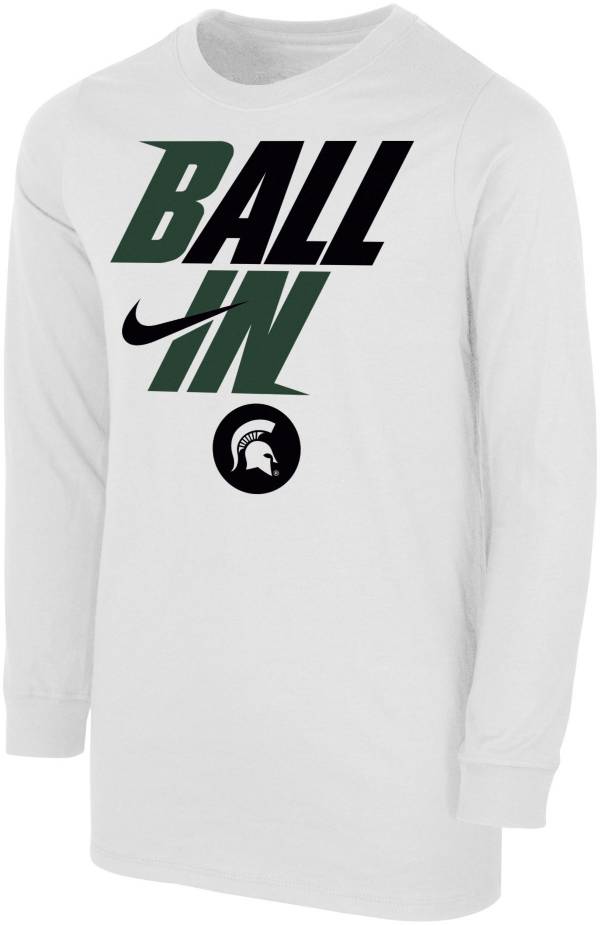 Nike Youth Michigan State Spartans White 2022 Basketball BALL IN Bench Long Sleeve T-Shirt