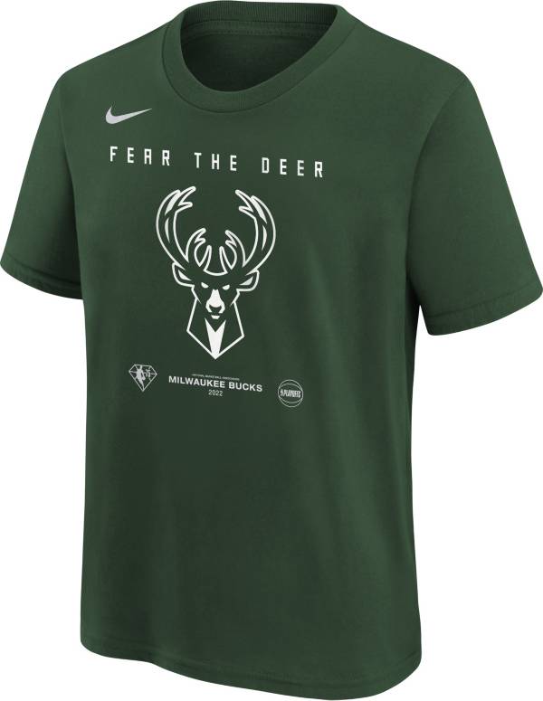 Nike Youth Milwaukee Bucks “Fear the Deer” Green 2022 NBA Playoffs Mantra T-Shirt