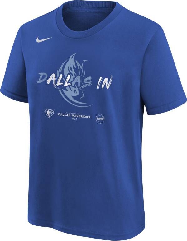 Nike Youth Dallas Mavericks “All In” Royal Blue 2022 NBA Playoffs Mantra T-Shirt