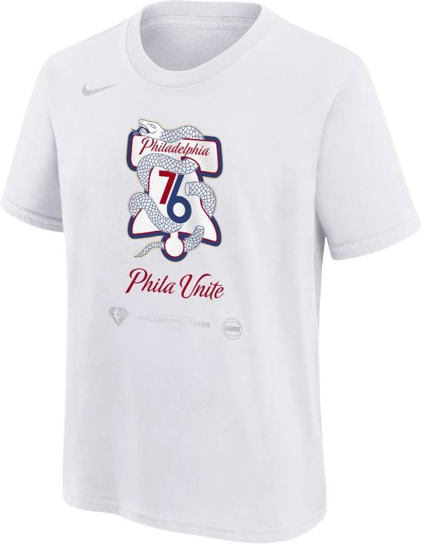 Nike Youth Phildephia 76ers “Phila Unite” White 2022 NBA Playoffs Mantra T-Shirt