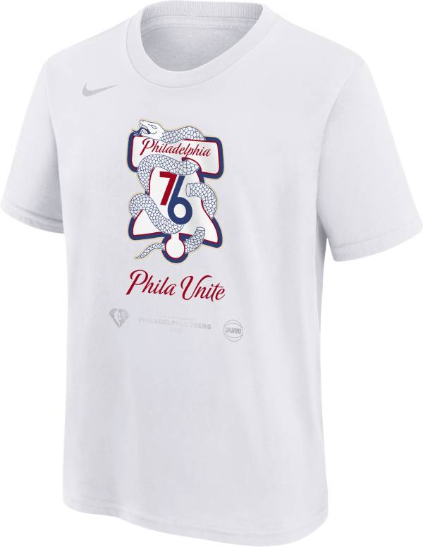 Nike Youth Phildephia 76ers “Phila Unite” White 2022 NBA Playoffs Mantra T-Shirt product image