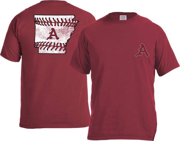 Image One Men's Arkansas Razorbacks Cardinal Baseball Laces T-Shirt