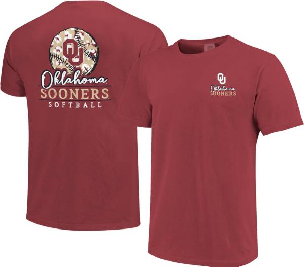 Image One Women's Oklahoma Sooners Crimson Pattern Script Softball T-Shirt