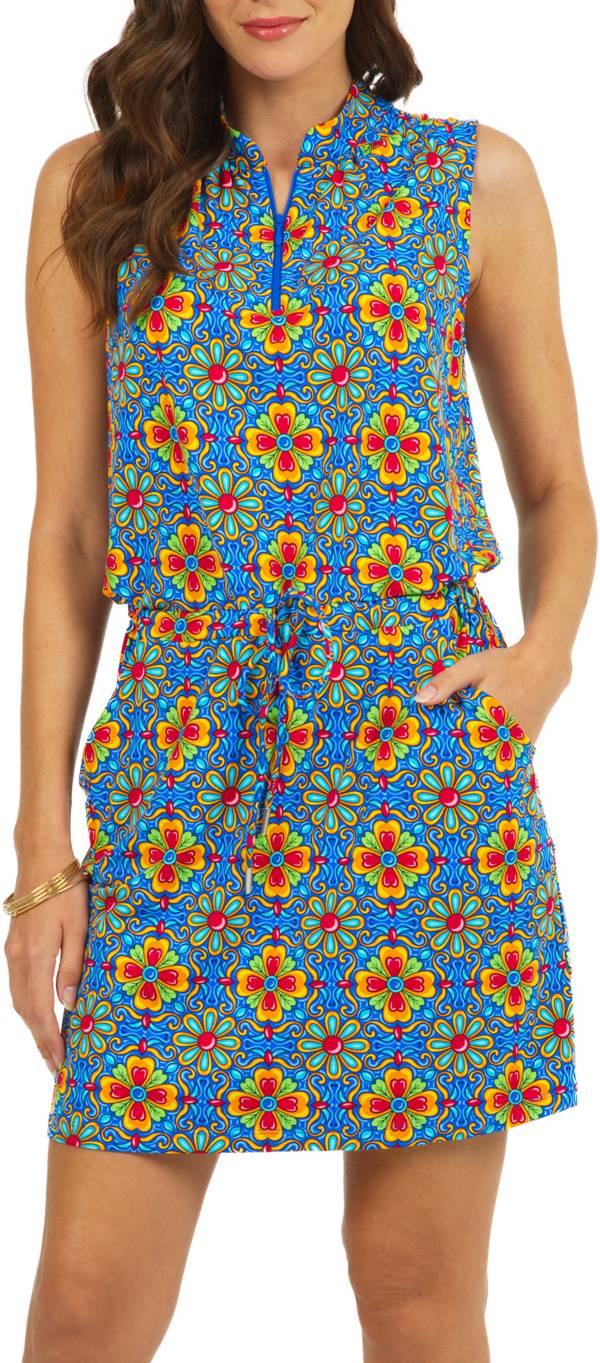 IBKUL Women's Sleeveless Scarlet Print 1/4 Zip Drawstring Golf Dress