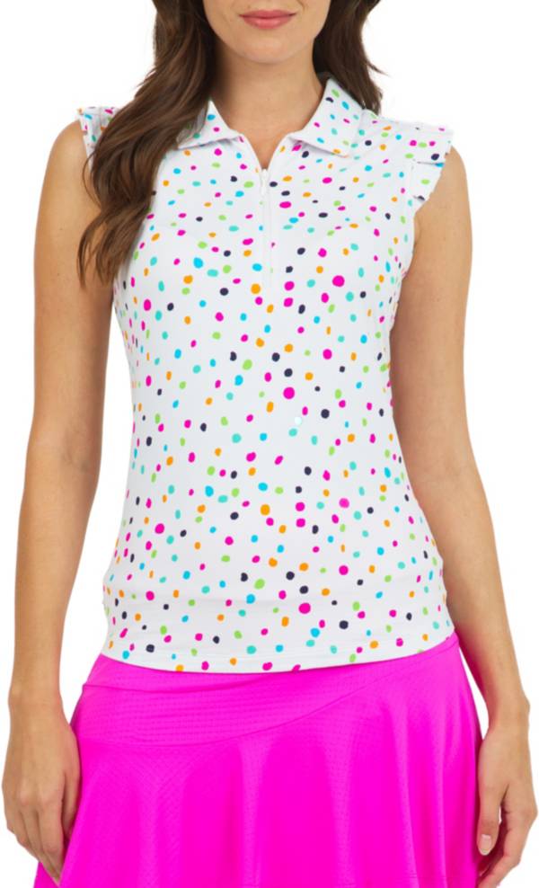 IBKUL Women's Sleeveless Evelyn Print 1/4 Zip Ruffle Golf Polo