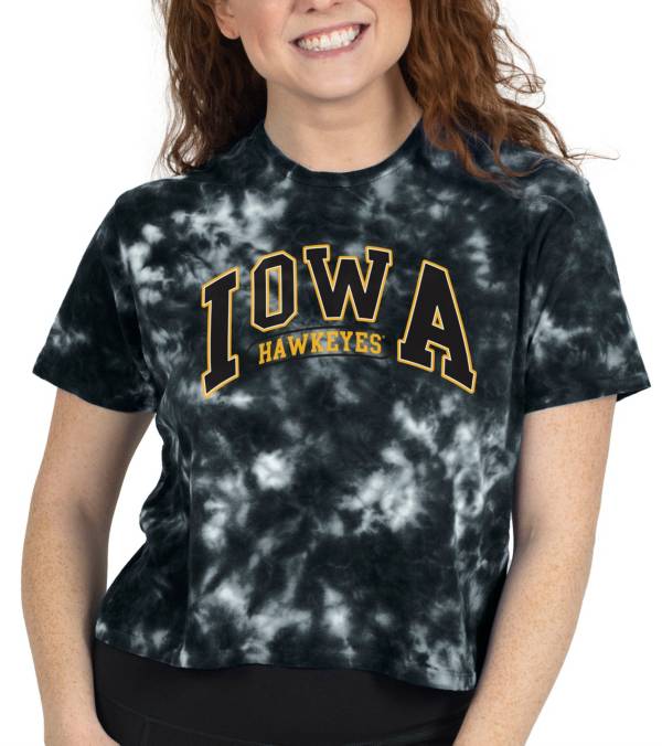 ZooZatZ Women's Iowa Hawkeyes Black Tie-Dye Cropped T-Shirt