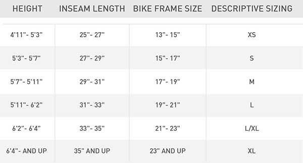 ladies bike size chart