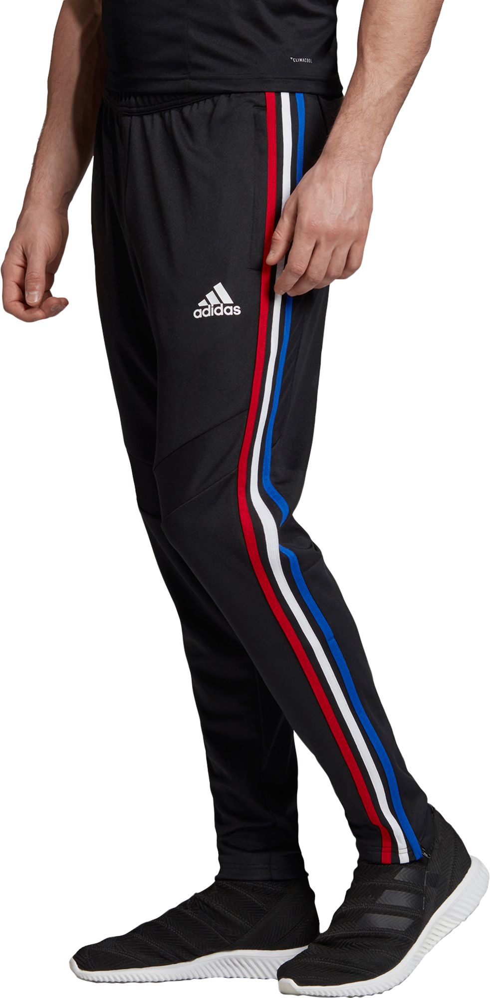 adidas pants black with blue stripes