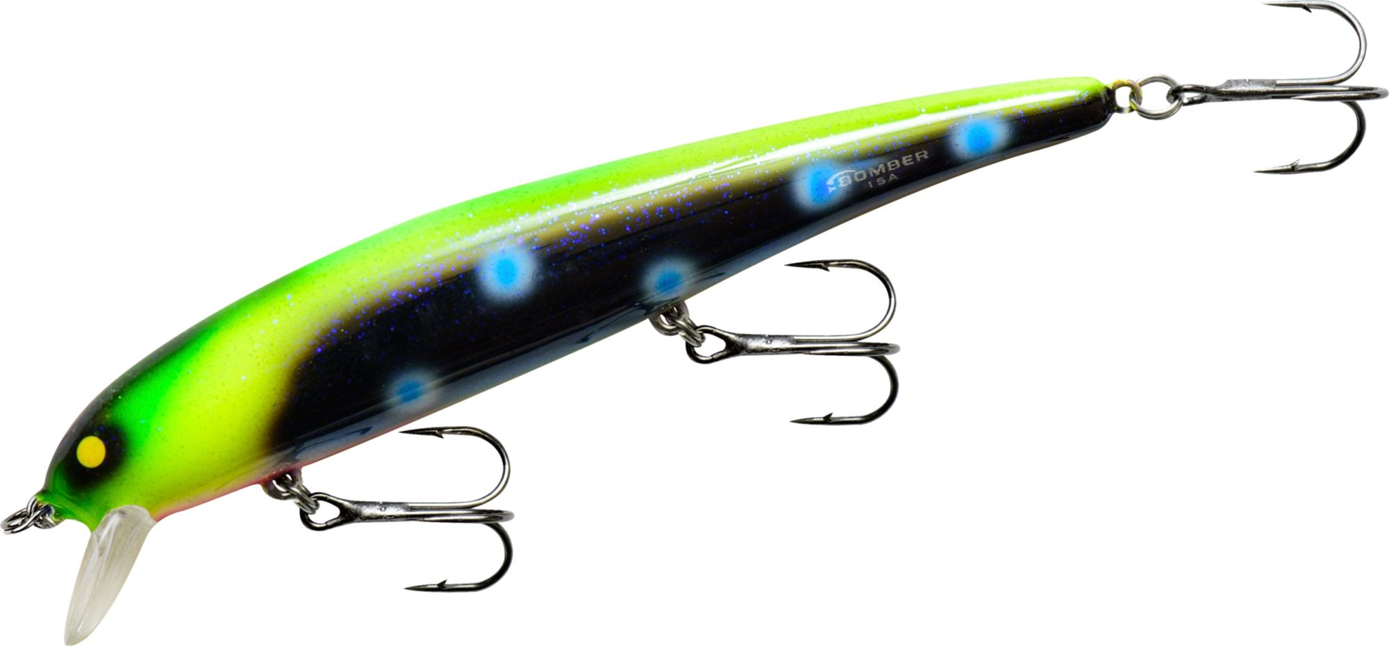 bomber fishing lures sale 15A Long Chrome Chartreuse gripping Excalibur Tx3 hooks have a rotating design that bites deep so you will lose fewer fish Bomber Long A Saltwater Lure