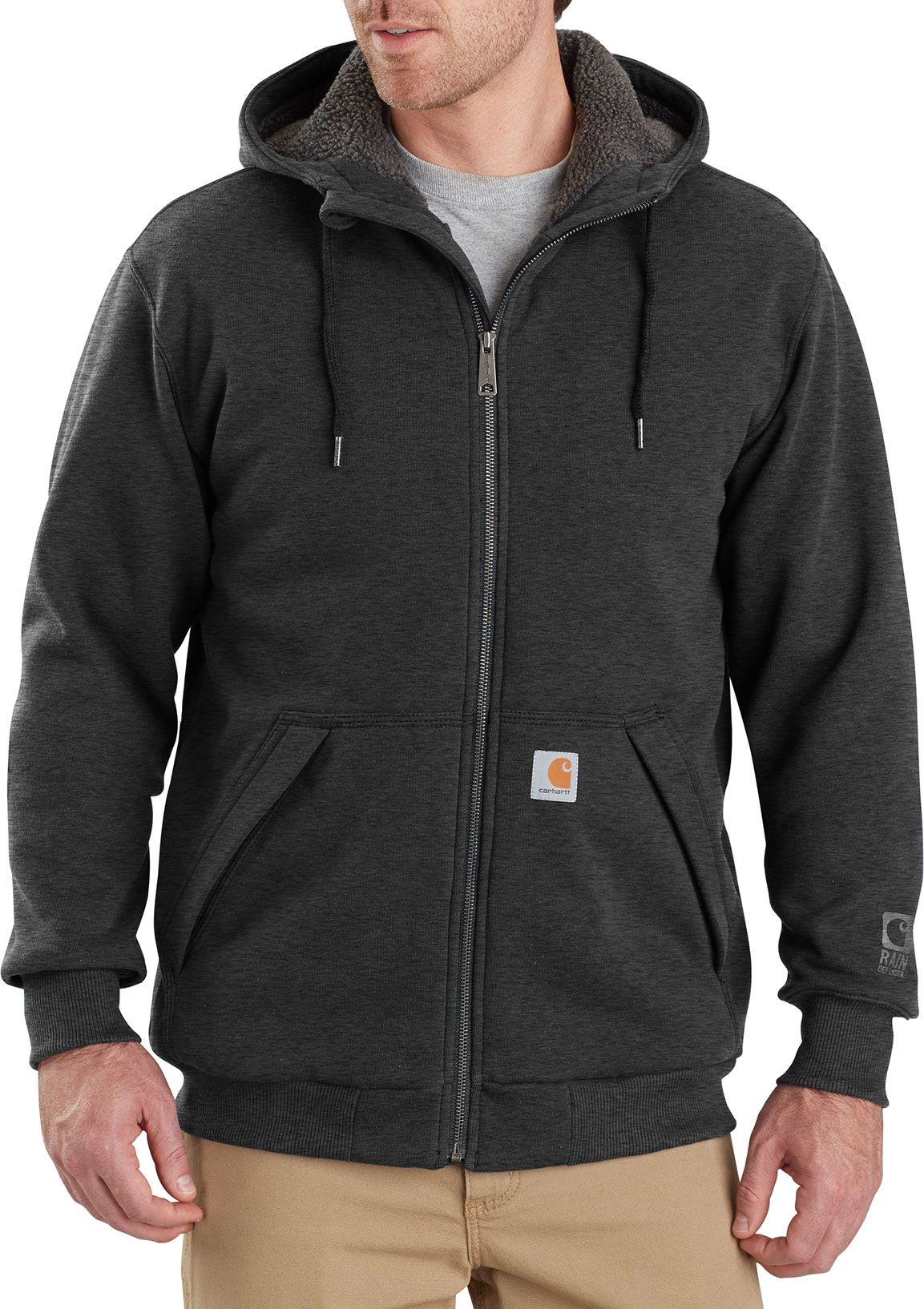 Carhartt Men s Rain Defender Rockland Sherpa Lined Full Zip Hooded Sweatshirt Carbon Heather