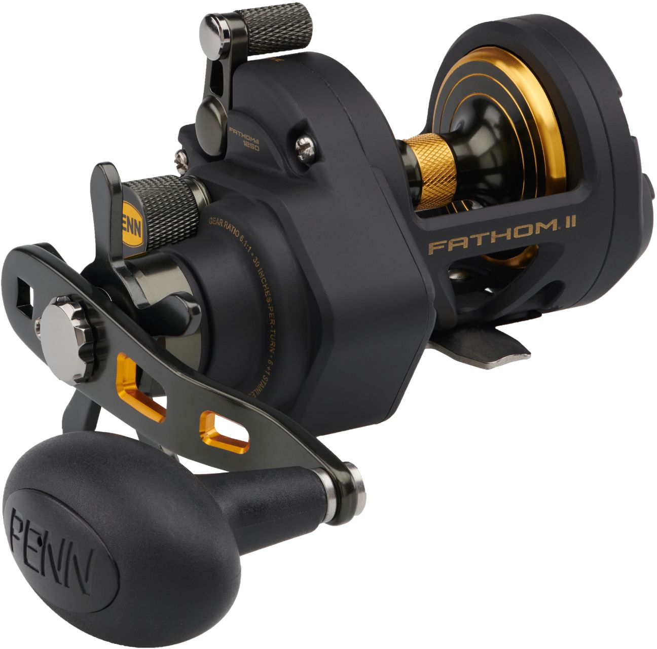 penn fathom master fishing rod FTH200LPHS Low-Profile Baitcasting Reel stainless steel main and pinion gears and a double Penn Fathom Master Boom Downriggers