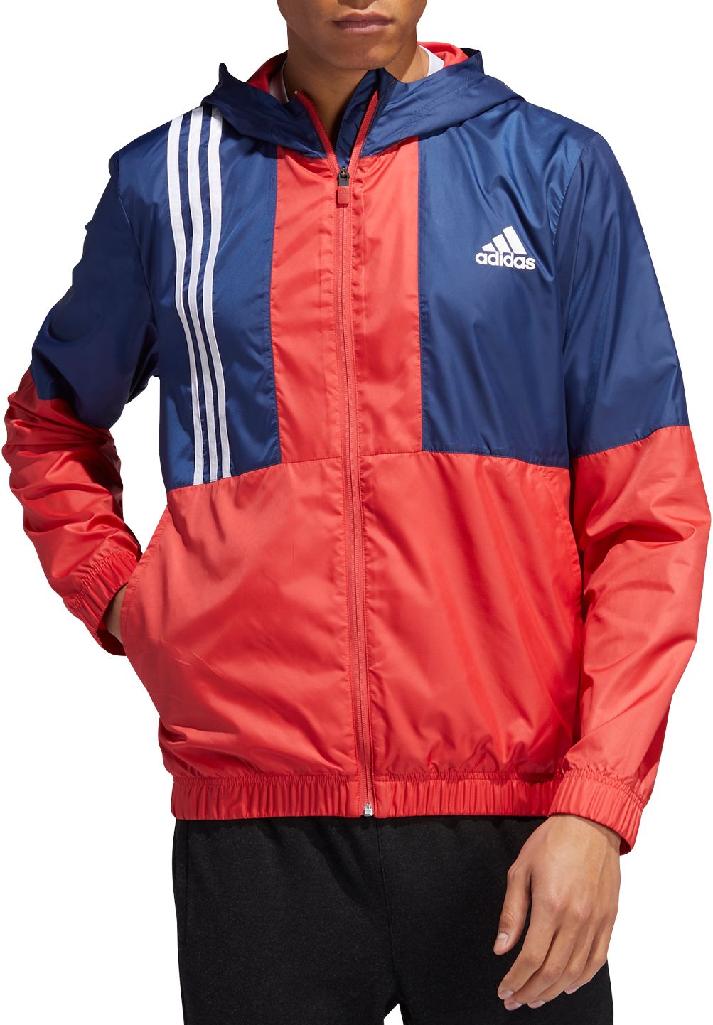 black adidas jacket with red stripes