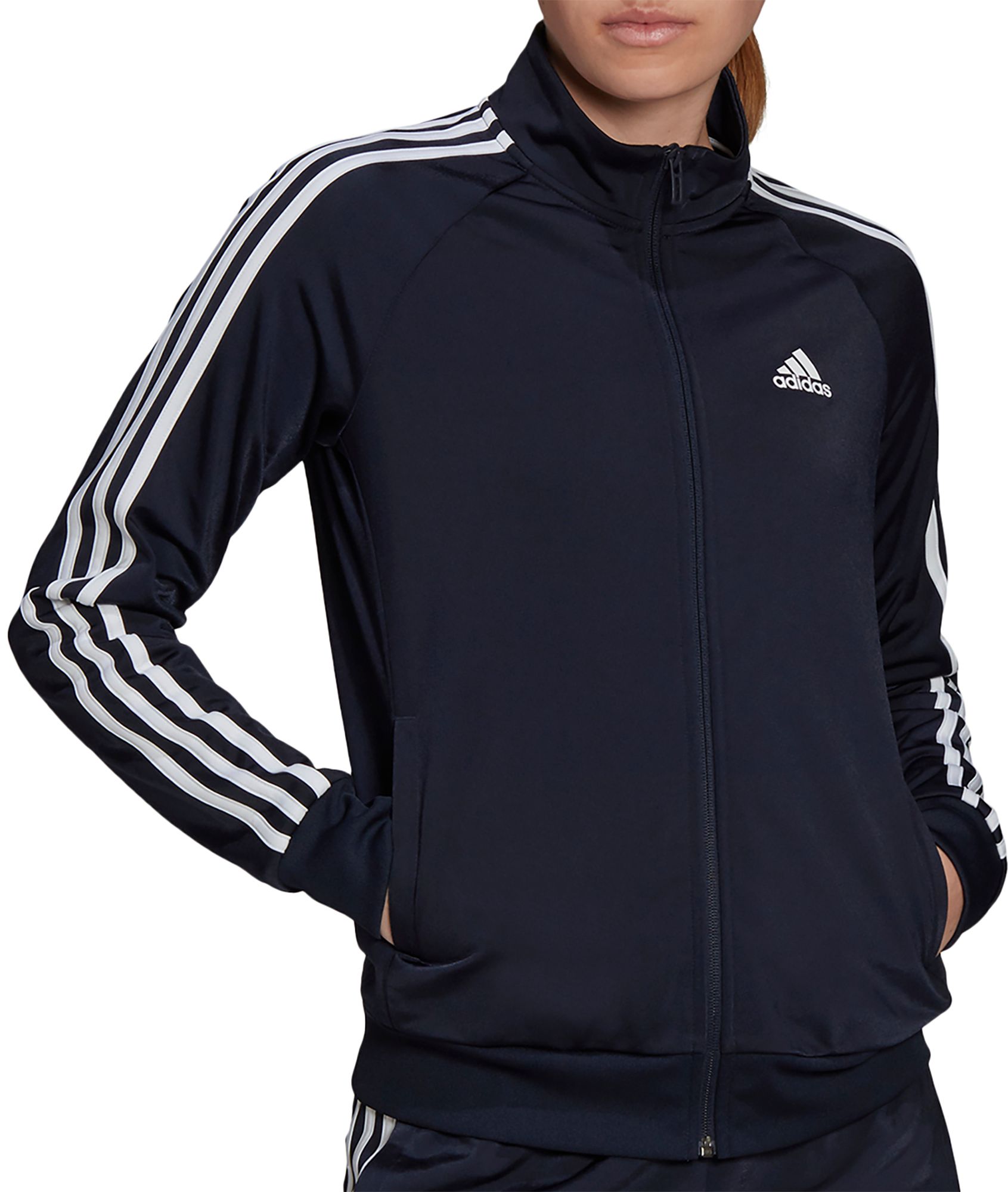 black adidas jacket with purple stripes