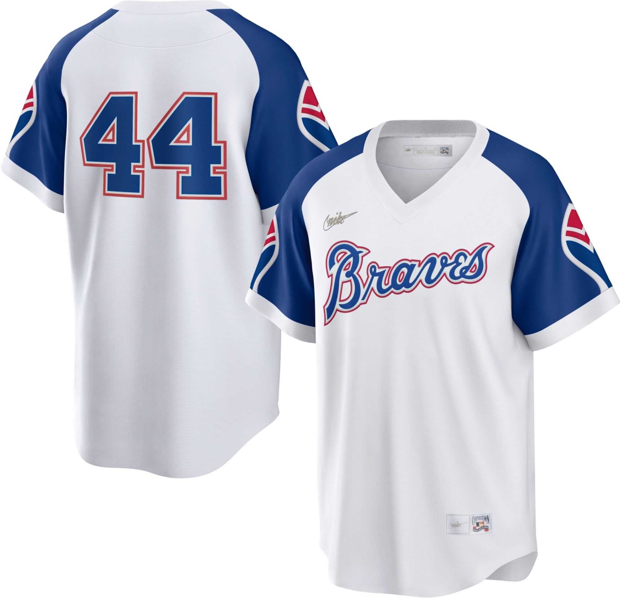 Nike Men s Replica Atlanta Braves Cooperstown Hank Aaron 44 White Cool Base Jersey Dick s Sporting Goods