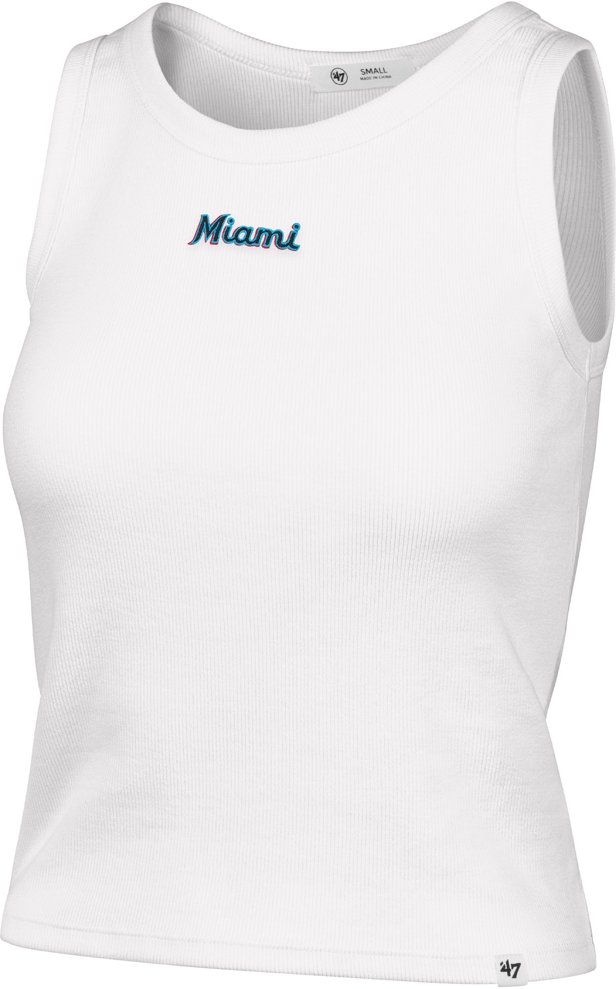 47 Women's Miami Marlins White Baby Ribbed Wordmark Micro Tank Top
