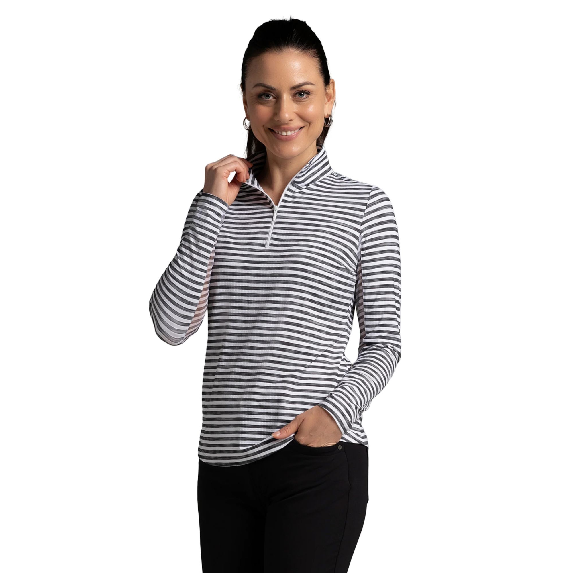 IBKUL Women's Landon Stripe Print Long Sleeve 1/4 Zip Mock Neck