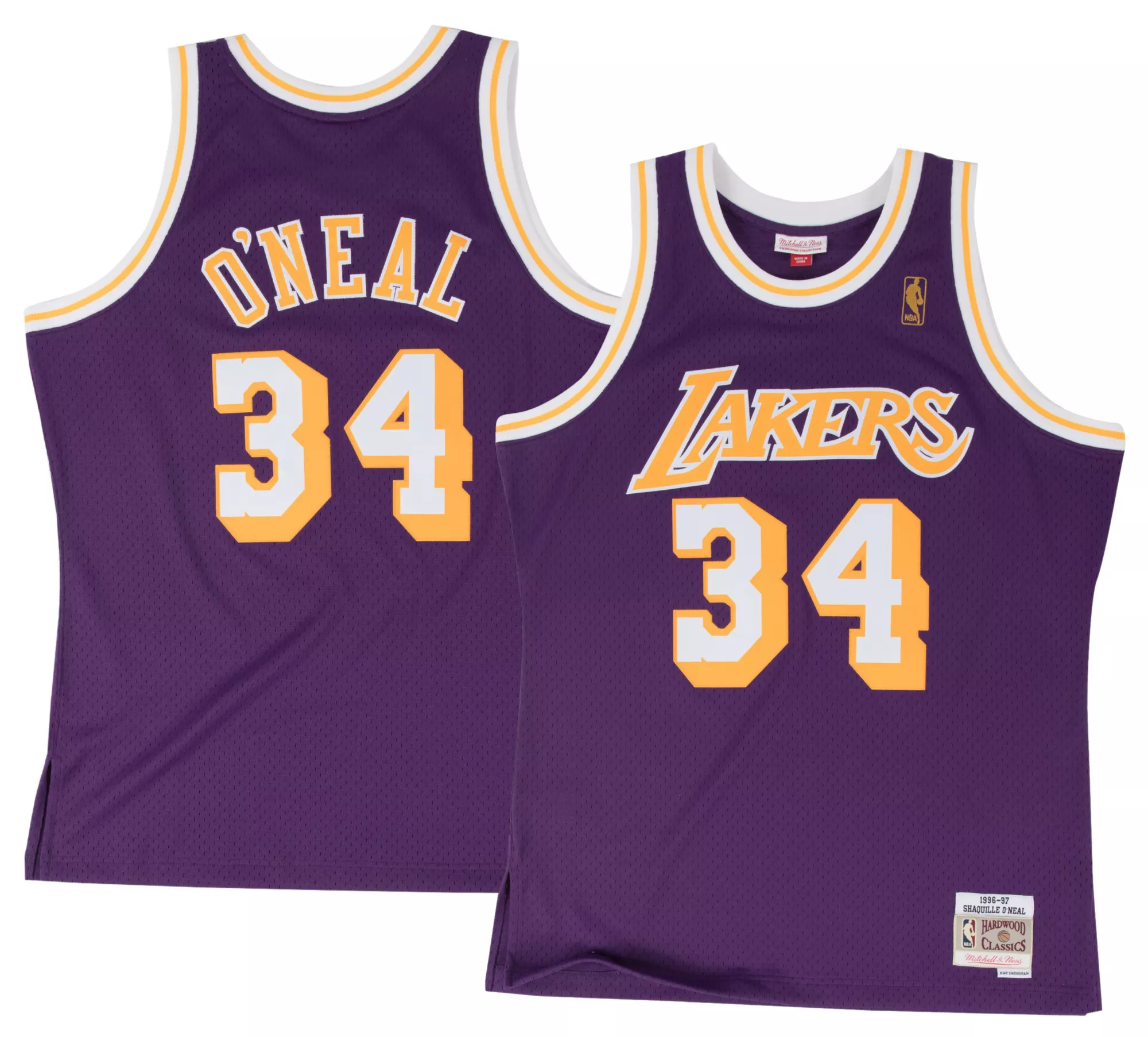 Mitchell & Ness Adult Los Angeles Lakers Shaquille O'Neal #34 Purple Hardwood Classics Replica 1996 Jersey