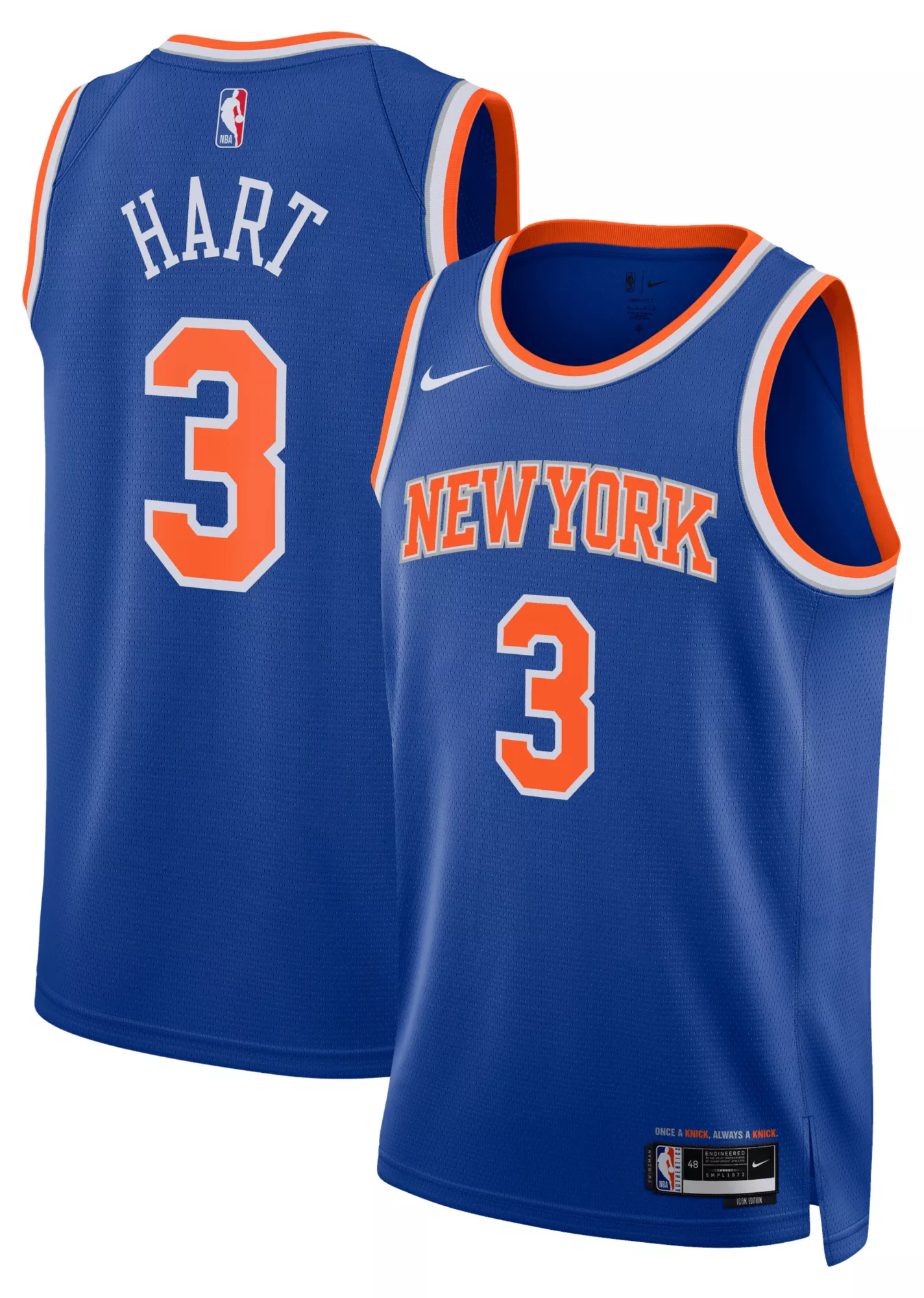 Nike Adult New York Knicks Josh Hart #3 Blue Swingman Icon Jersey