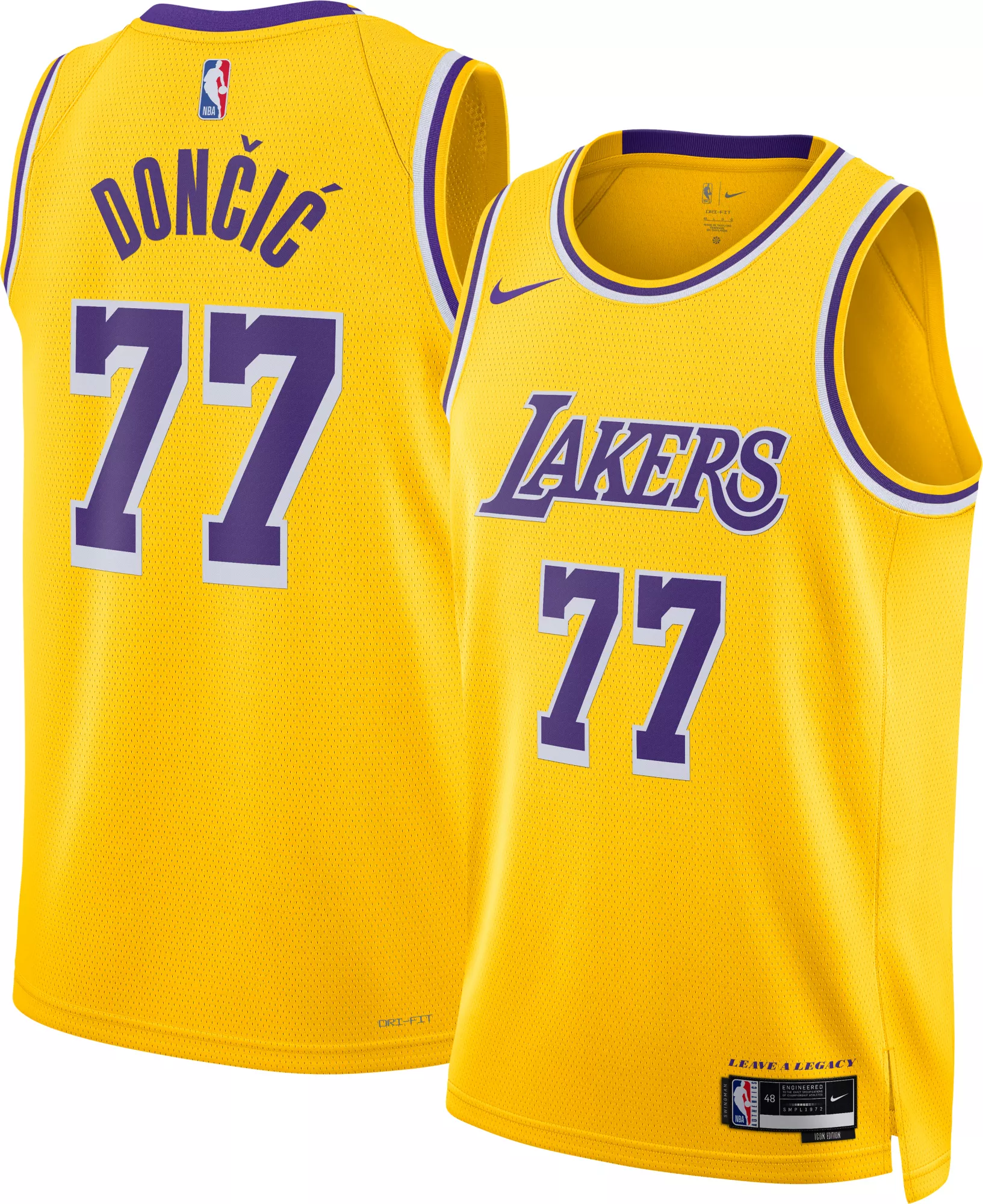 Nike Adult Los Angeles Lakers Luka Doncic #77 Yellow Swingman Icon Jersey