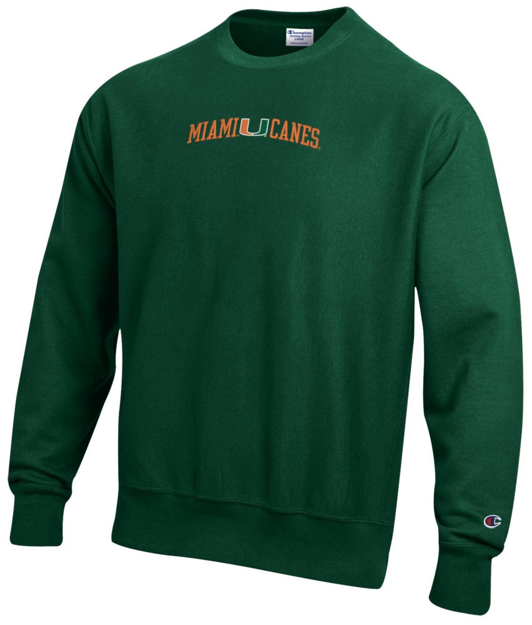 Champion Men's Miami Hurricanes Green Reverse Weave Crewneck