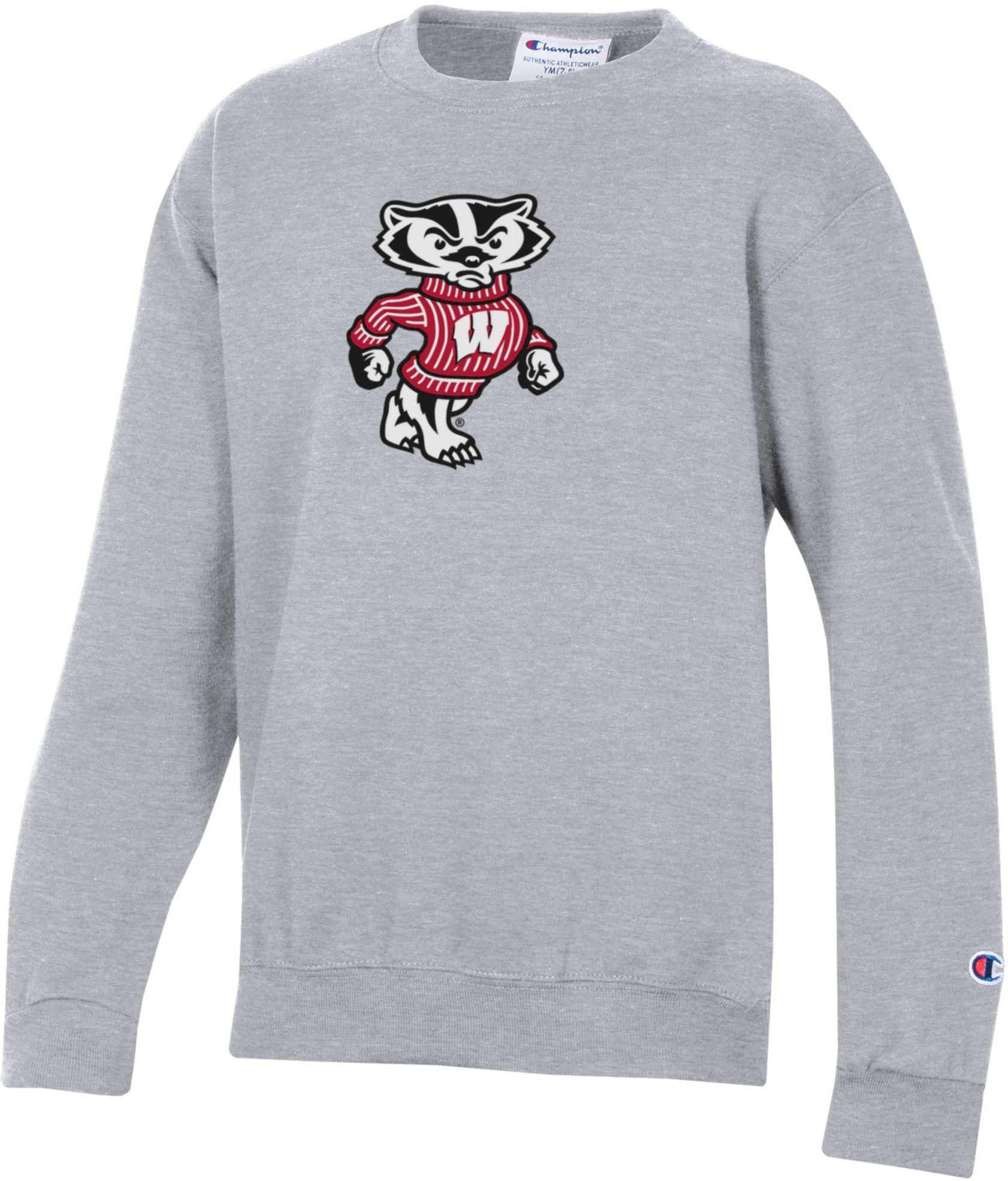 Champion Youth Wisconsin Badgers Powerblend Fleece Grey Crewneck