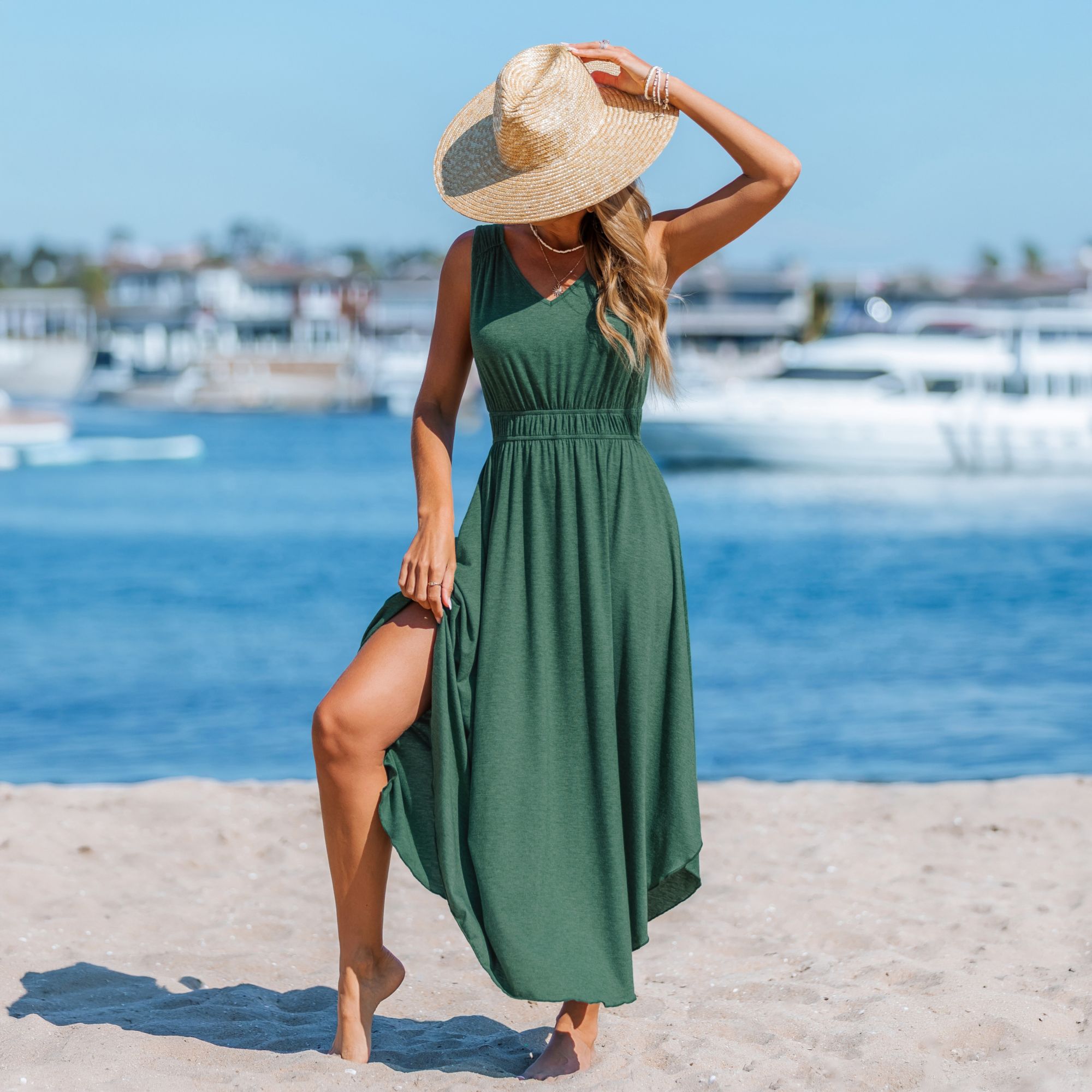 long dress for women for beach Cupshe Women's Ruched Waist Flowy Maxi Size:10-11