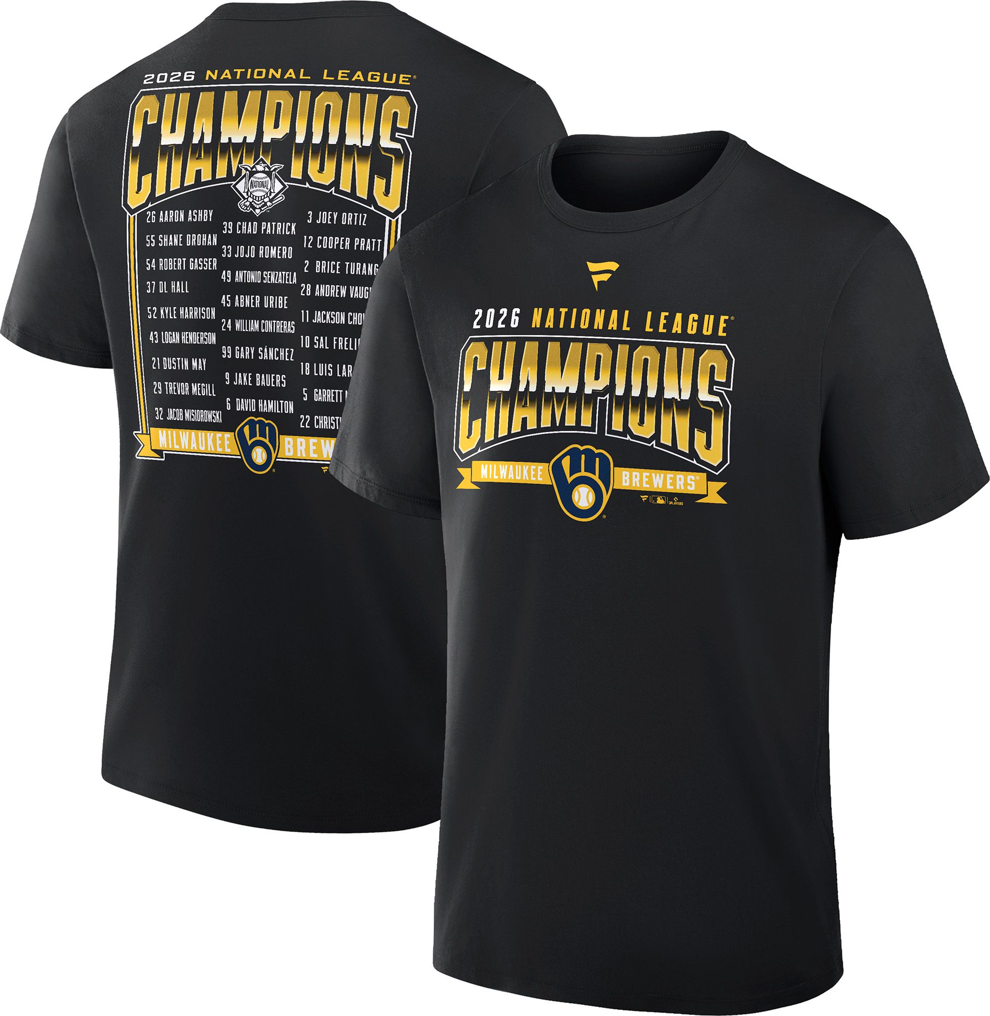 ウィッチャー コービー ユニフォーム MLB Men's Milwaukee Brewers 2026 NLCS Champions Roster T-Shirt