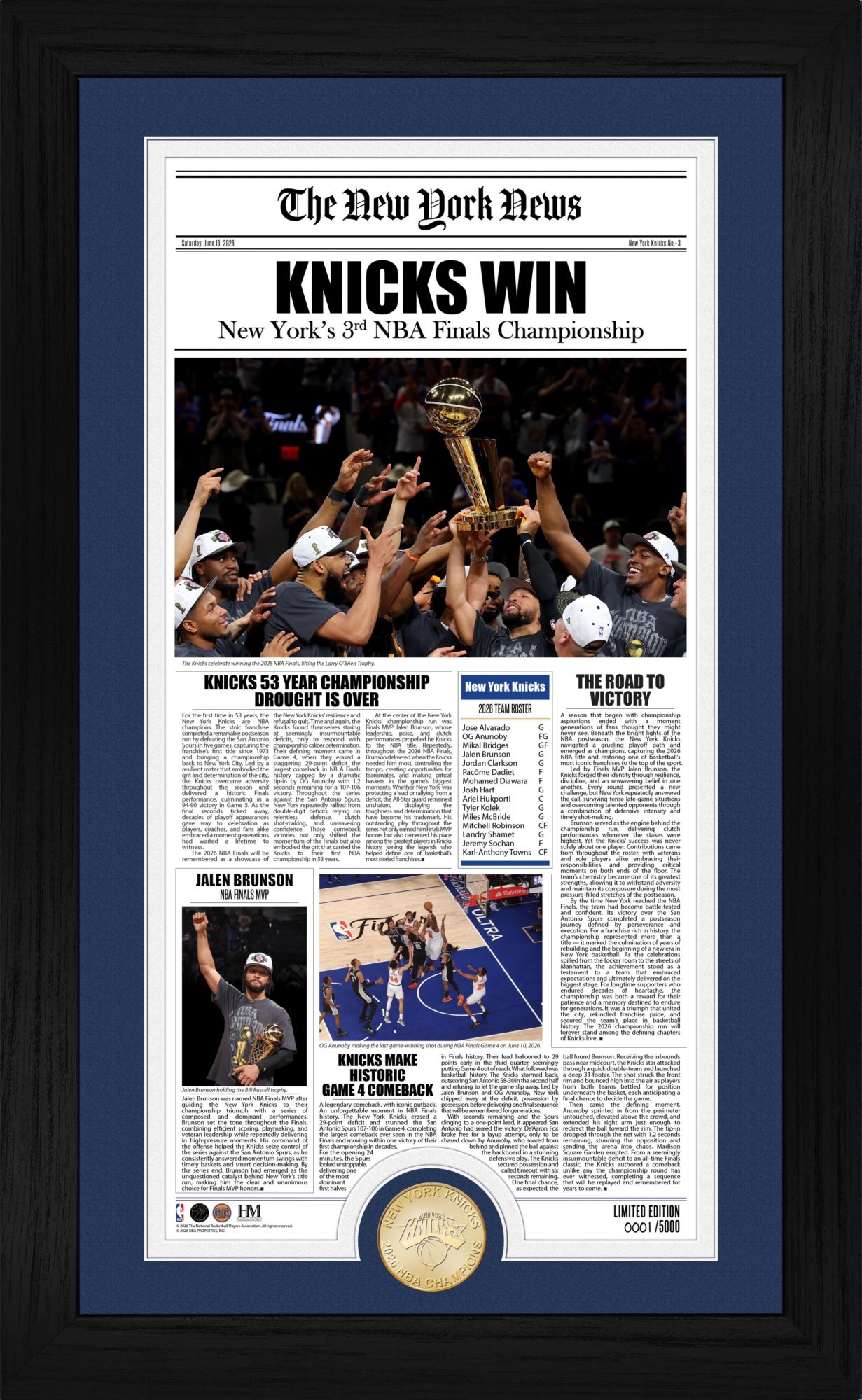 Highland Mint 2026 NBA Champions New York Knicks News Frame