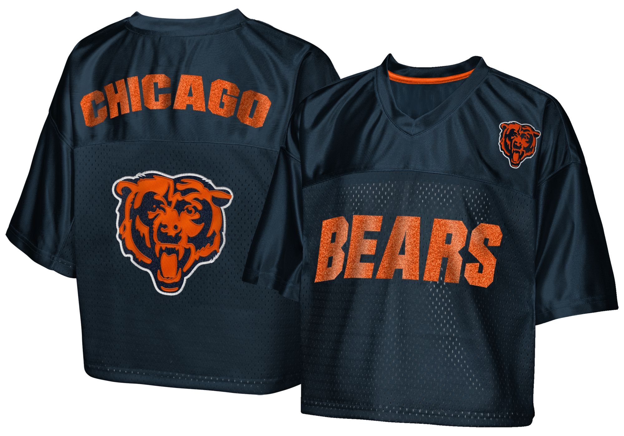 NFL Team Apparel Girls' Chicago Bears Navy Glitter Cropped Jersey