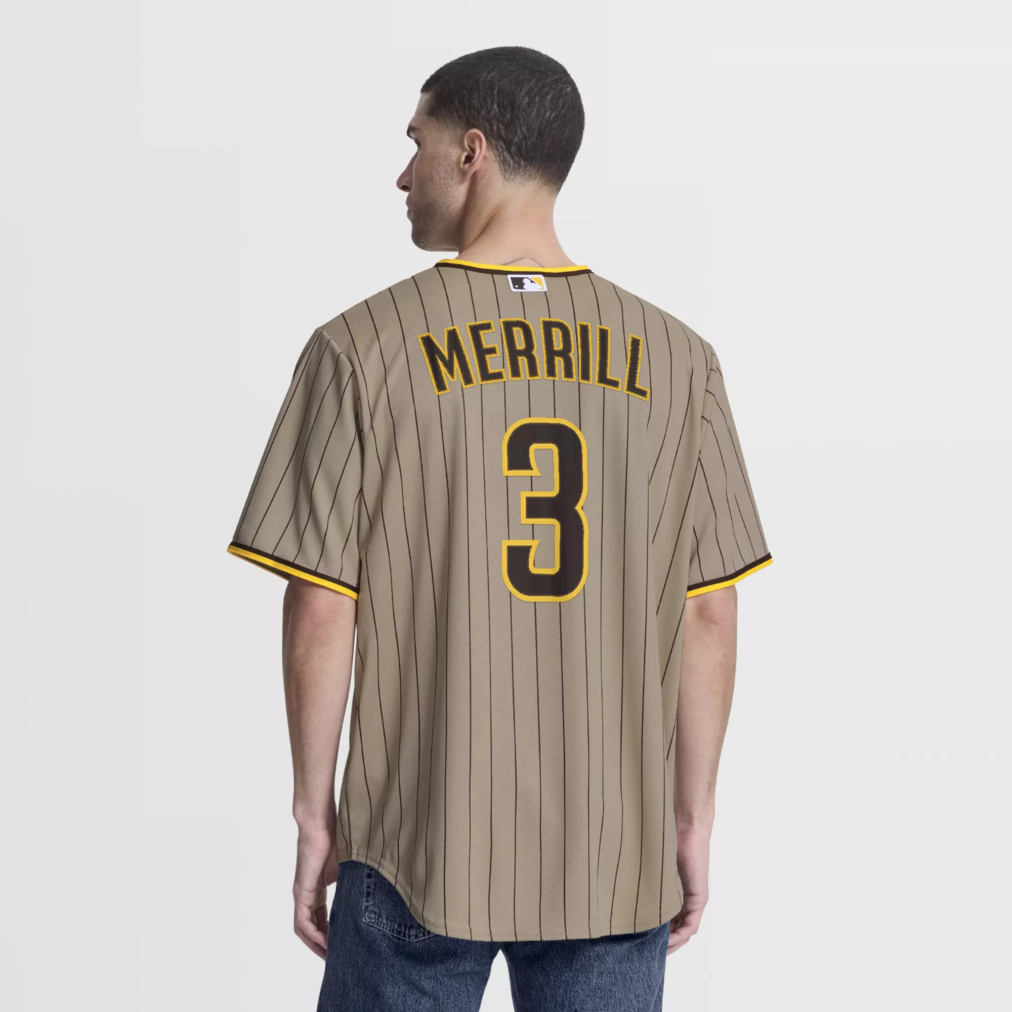 Nike Men's San Diego Padres Khaki Jackson Merrill #3 Alternate Replica Jersey