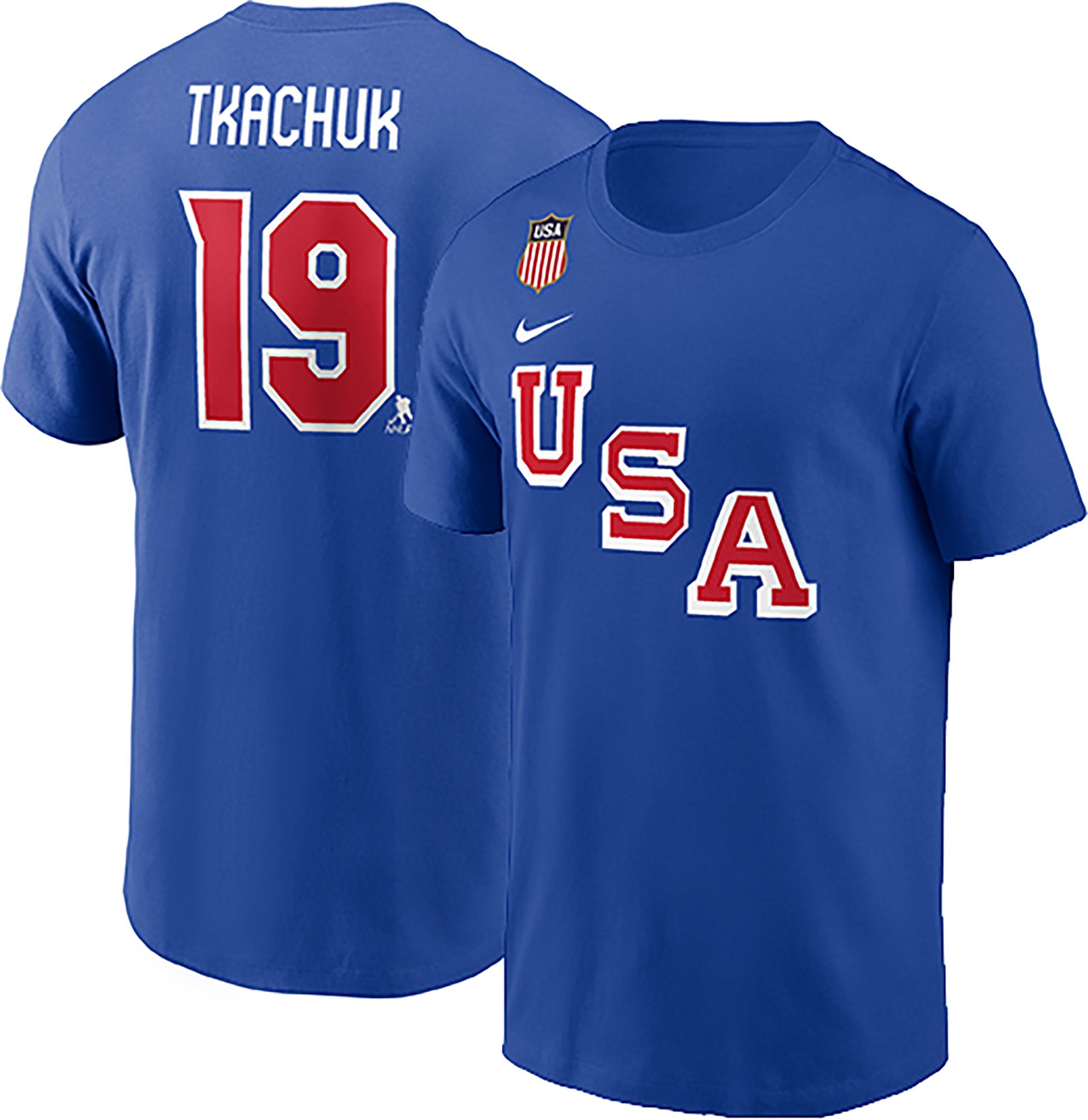Nike Men's Olympics USA Hockey Royal Matthew Tkachuk #19 T-Shirt