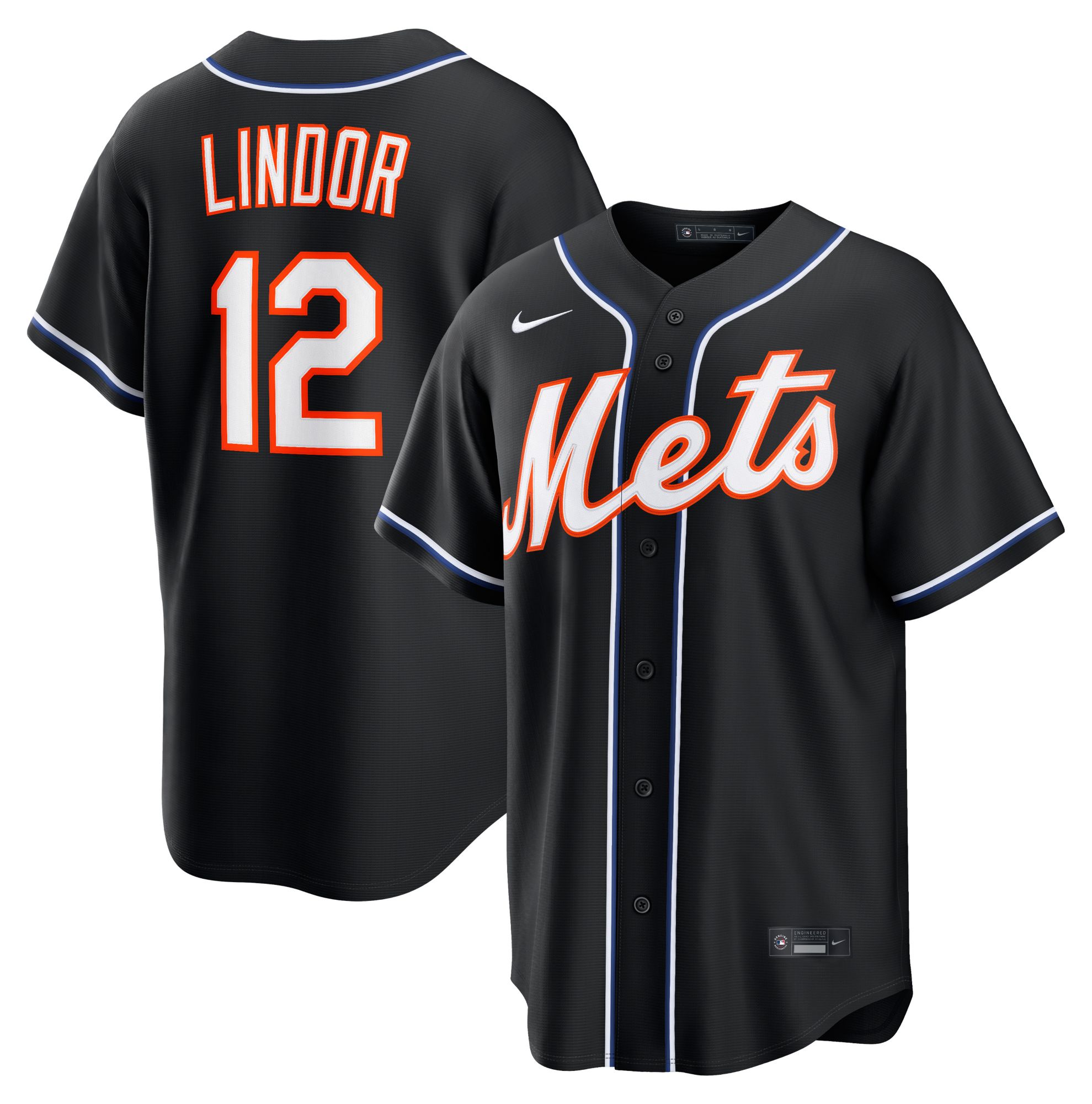 Nike Men's New York Mets Black Francisco Lindor #12 Carbon Replica