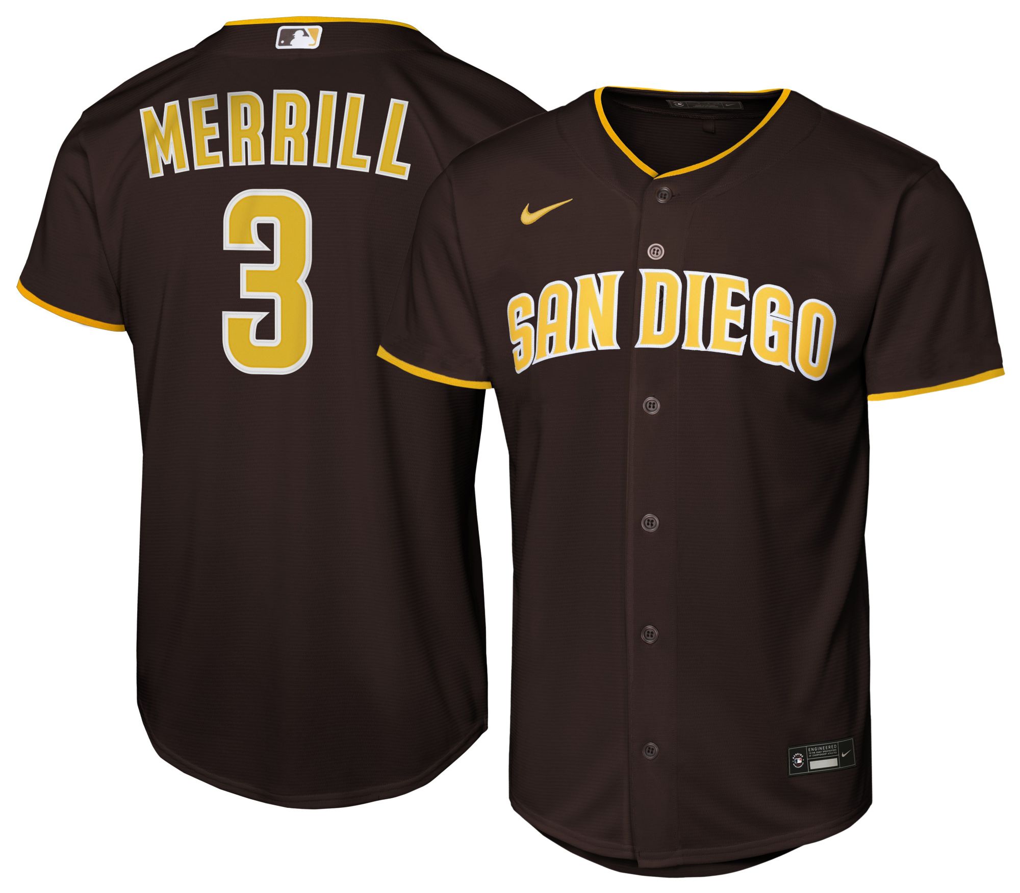 Nike Youth San Diego Padres Brown Jackson Merrill #3 Baseline Road