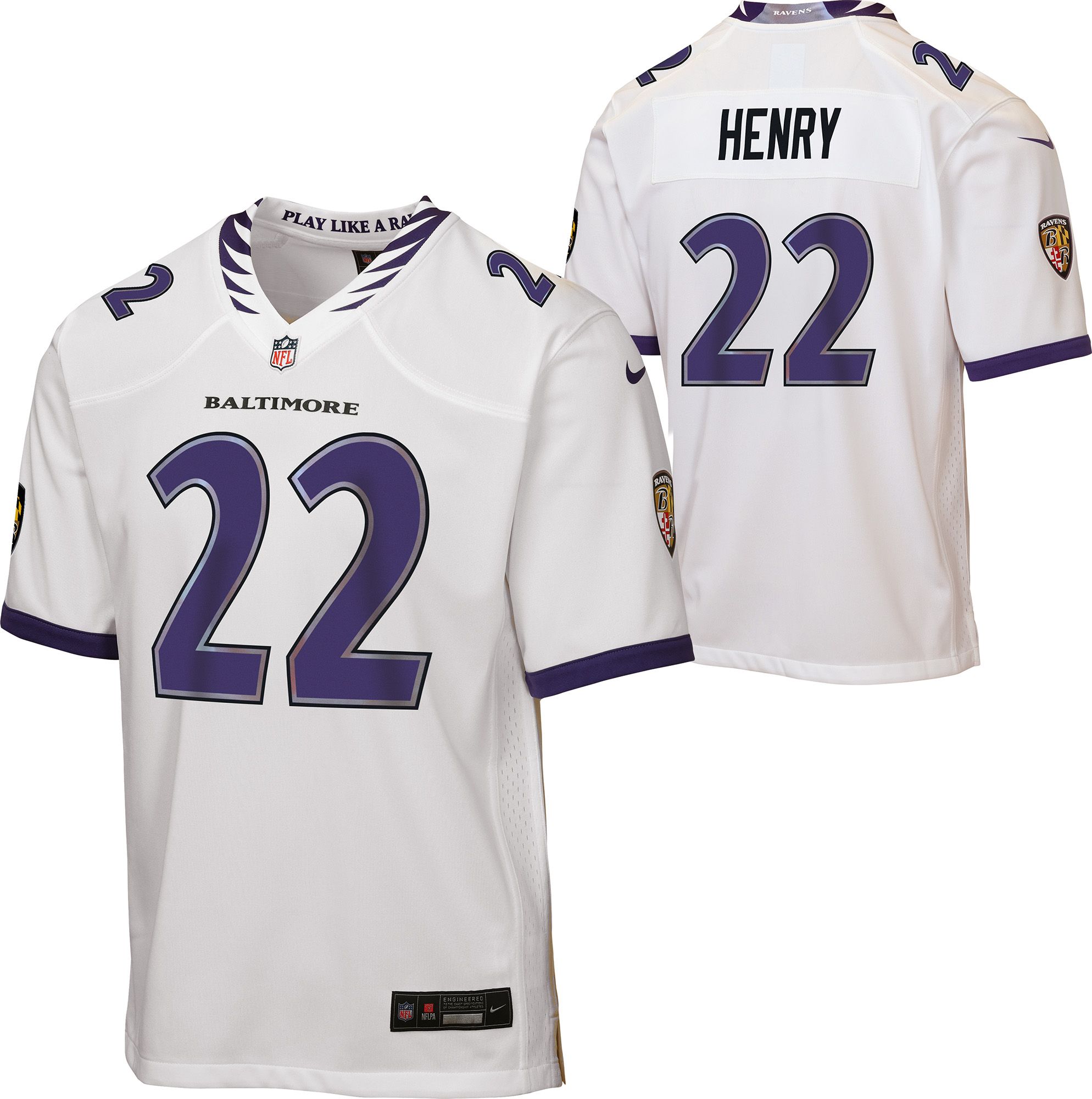 ナイキ NFL 公式 レイブンズ ゲームシャツ 刺繍 ホワイト フラッコ Nike Youth Baltimore Ravens Derrick Henry #22 White Road Game