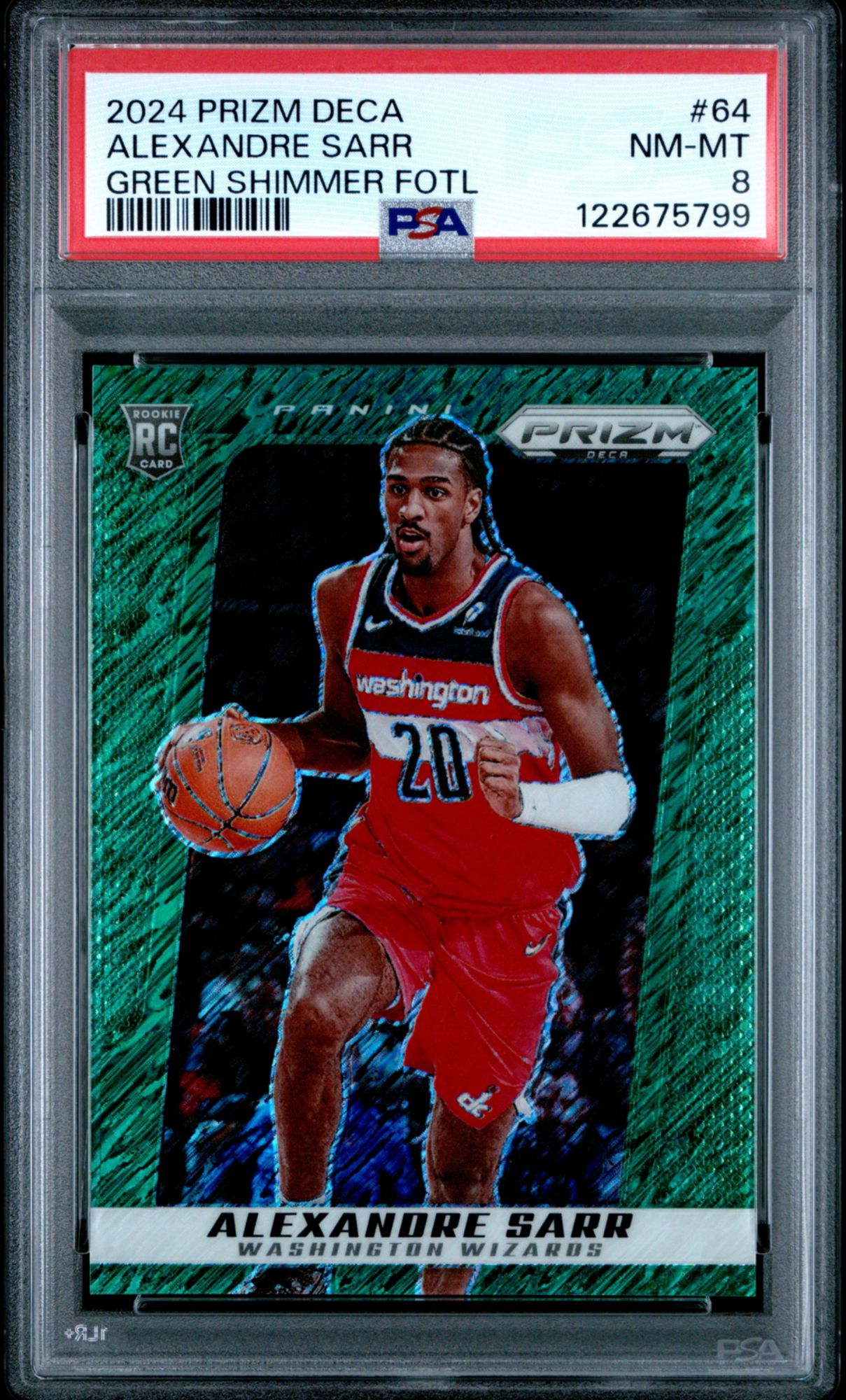 2024 Panini Prizm Deca 64 Alexandre Sarr Green Shimmer FOTL PSA 8