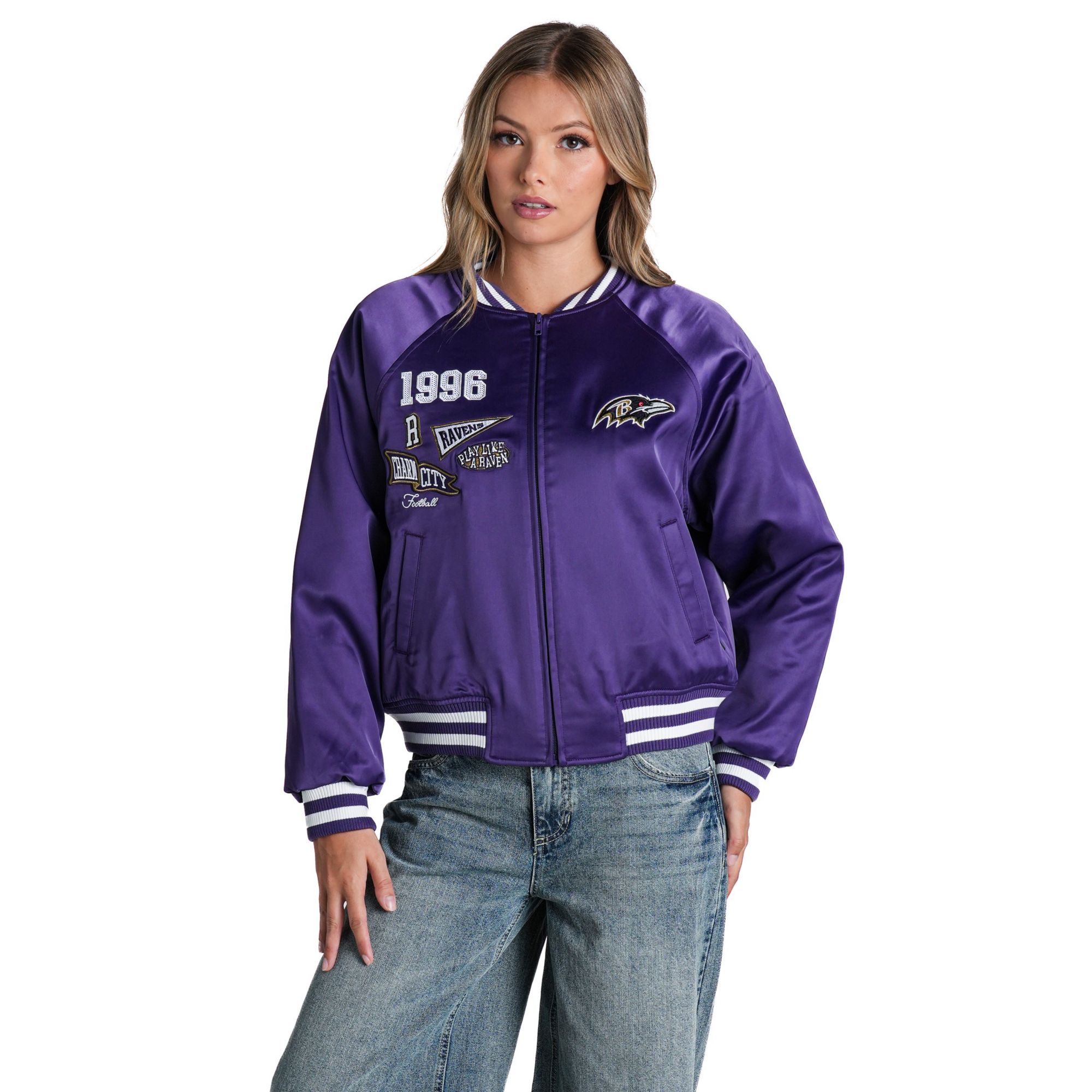 The Wild Collective Women's Baltimore Ravens Satin Raglan Bomber